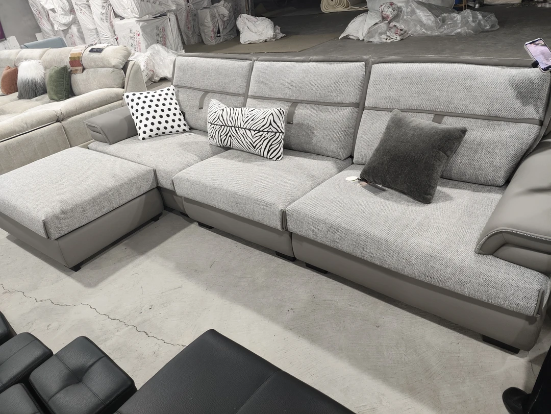 皮布结合扶手接触面真皮，亚麻布休闲沙发