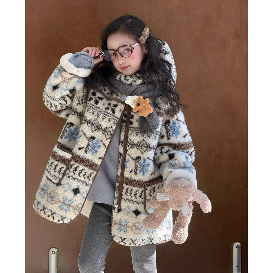 428-mochier沫弛尔女童冬季加厚夹棉连帽外套费尔岛提花保暖棉服