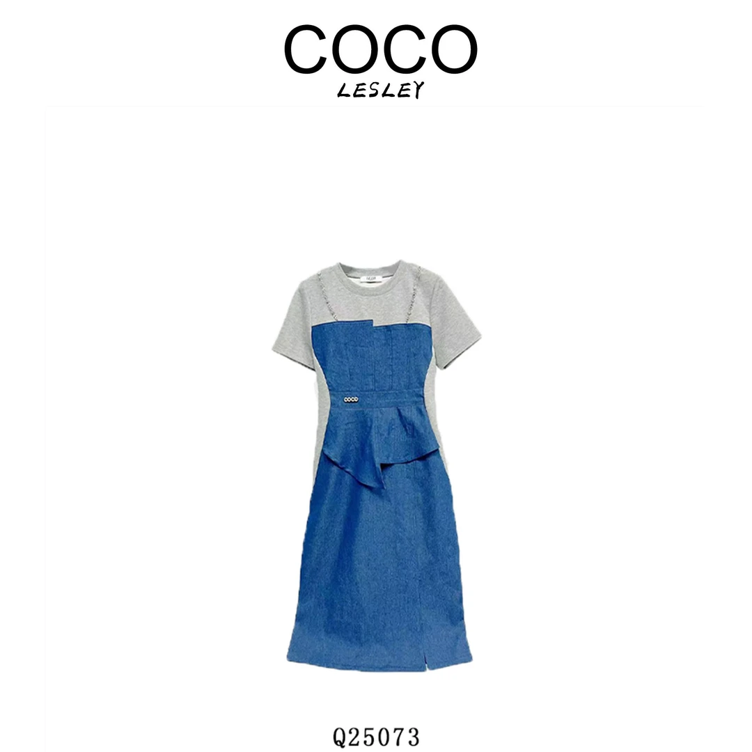 【COCO LESLEY】Q25073牛仔拼接假两件AI裁剪显瘦连衣裙