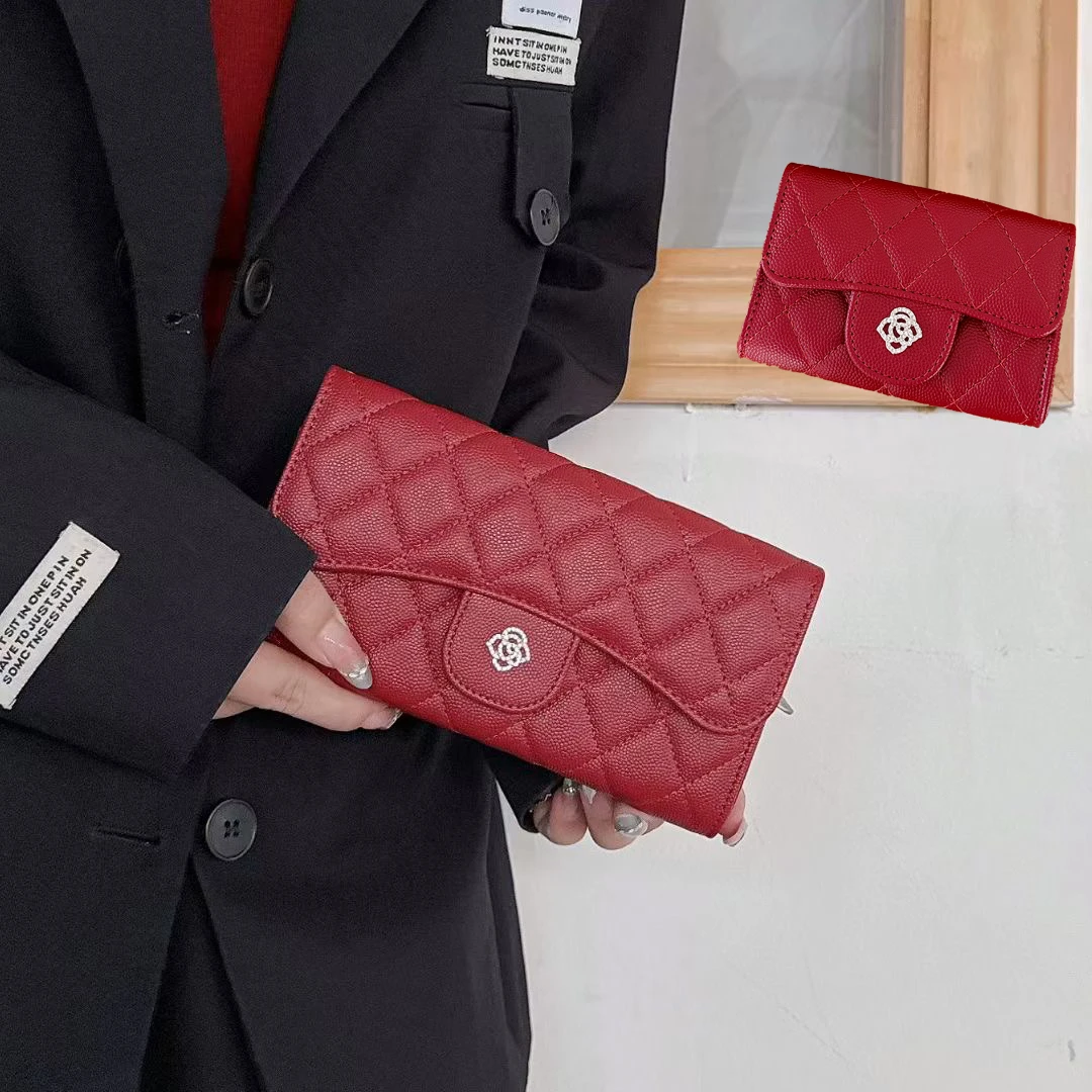 2025年新款鱼子酱小香风手机包手拿包带钻茶花标新荔枝纹零钱卡包