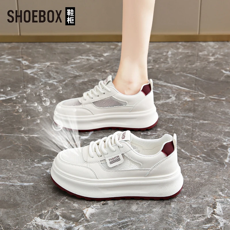 SHOEBOX鞋柜网面透气小白鞋子女2025新款夏季厚底百搭学生板鞋