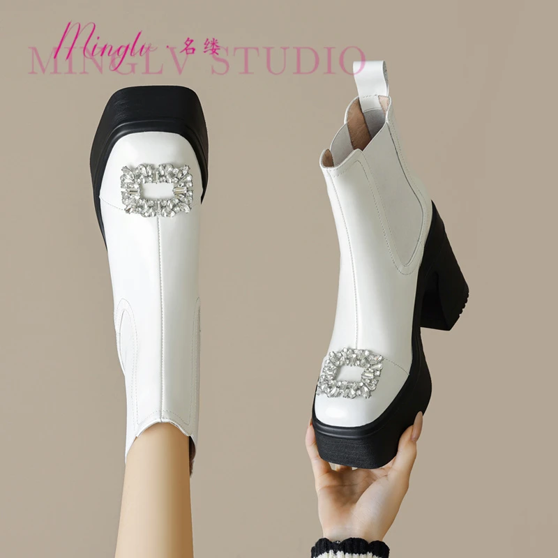 名缕品牌厚底切尔西靴女柔软粗跟瘦瘦靴2025新款秋季水钻高跟短靴