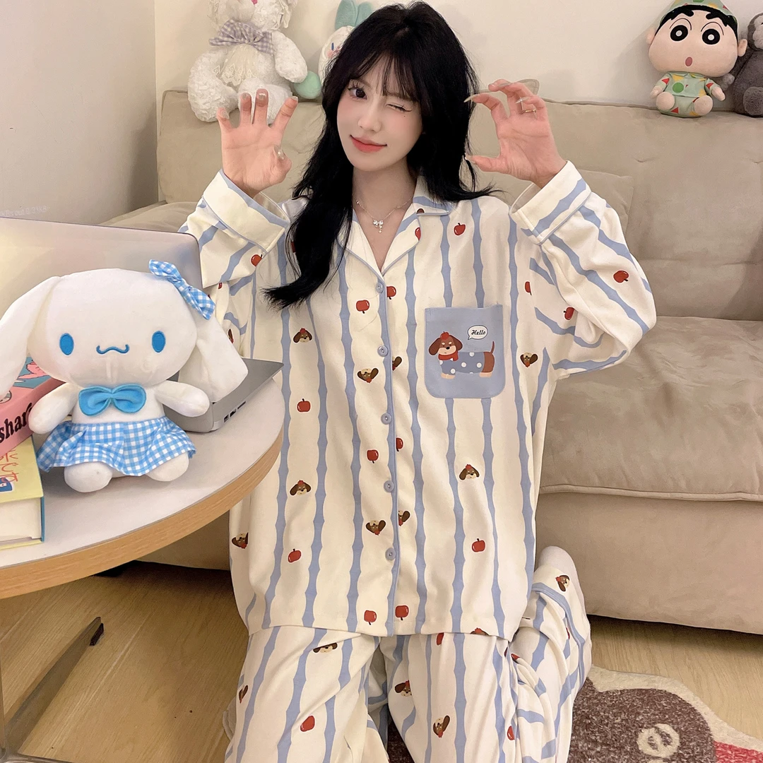 纯棉睡衣女款春秋季薄款长袖卡通可爱青少年学生加大码胖mm家居服