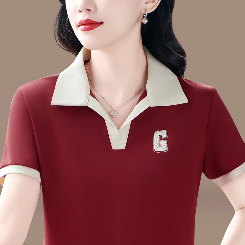 冰丝透气翻领短袖T恤女夏季新款刺绣中年妈妈运动宽松pol衫体恤