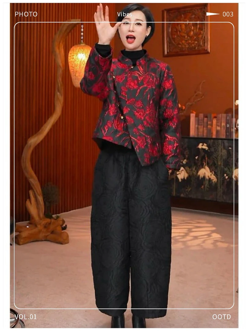 欧洲站2024冬季时尚新款不对称长袖棉衣宽松新中式国风棉裤女