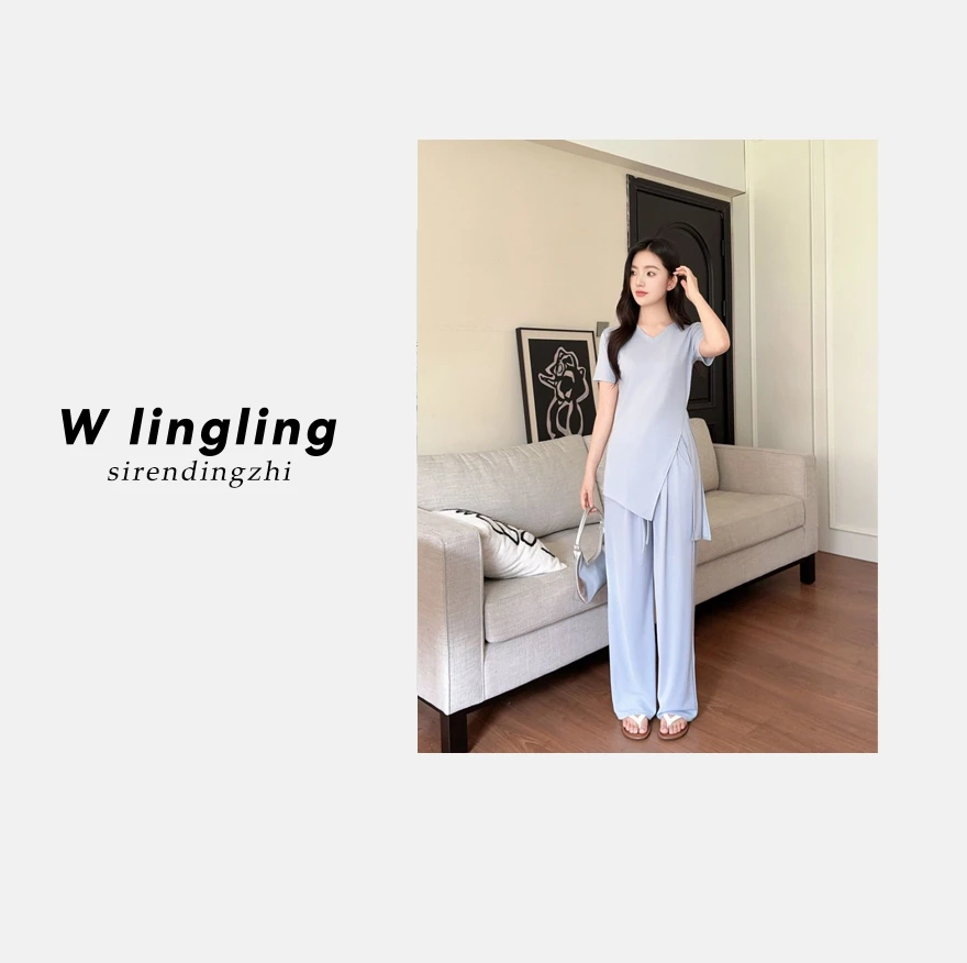 V领不规则系带上衣套装 女夏季慵懒风休闲裤两件套