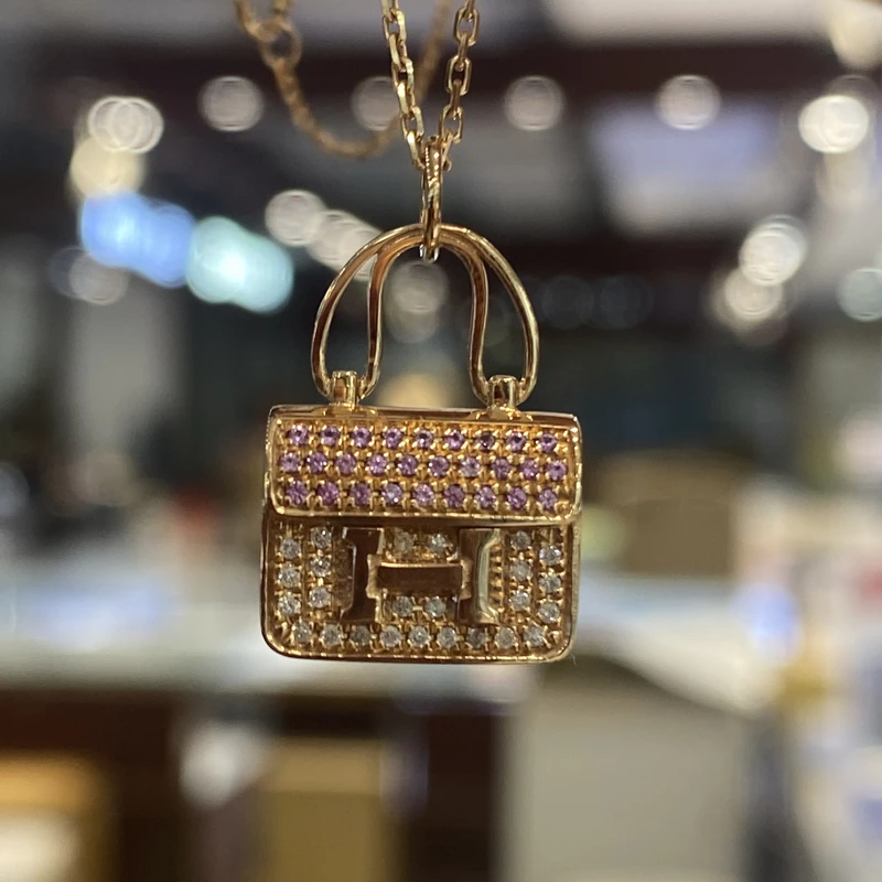 18K金天然粉蓝宝锁包项链玫瑰金彩金宝宝套链长度40-45CM弹簧扣