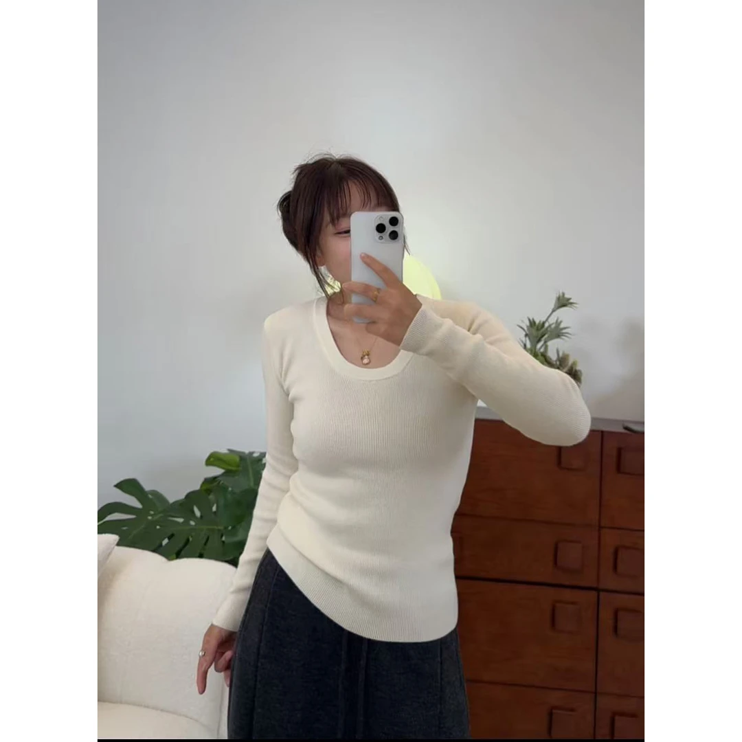 XIWU喜雾 【安迪绒】气质风U领针织衫女秋季新款显瘦内搭打底衫毛衣
