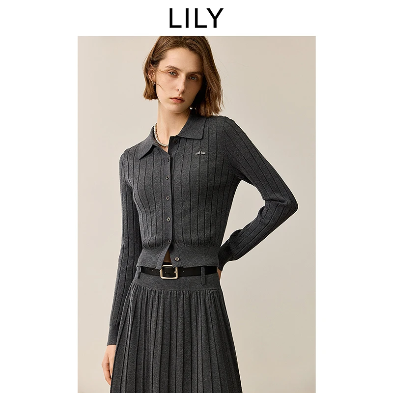 LILY2025冬新款女装含羊毛学院风POLO领针织开衫外套125409TC946