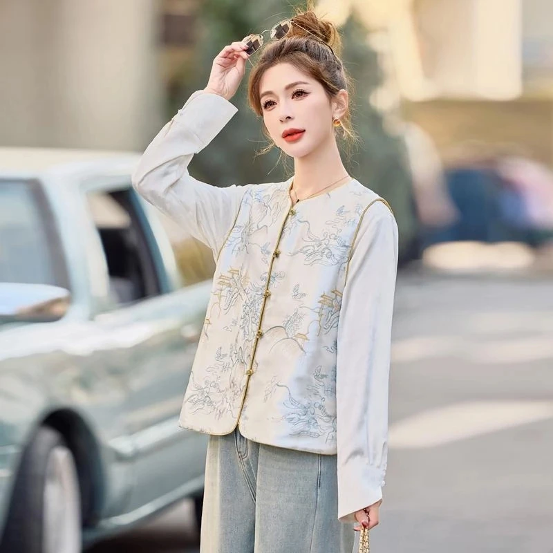 新中式国风刺绣双面穿马甲女2025春秋季新款圆领坎肩马夹背心上衣