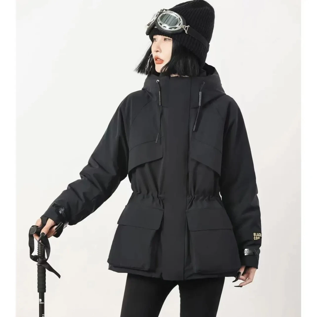 休闲欧货2025冬季冲锋衣派克服加绒外套女收腰连帽中长款黑金棉服