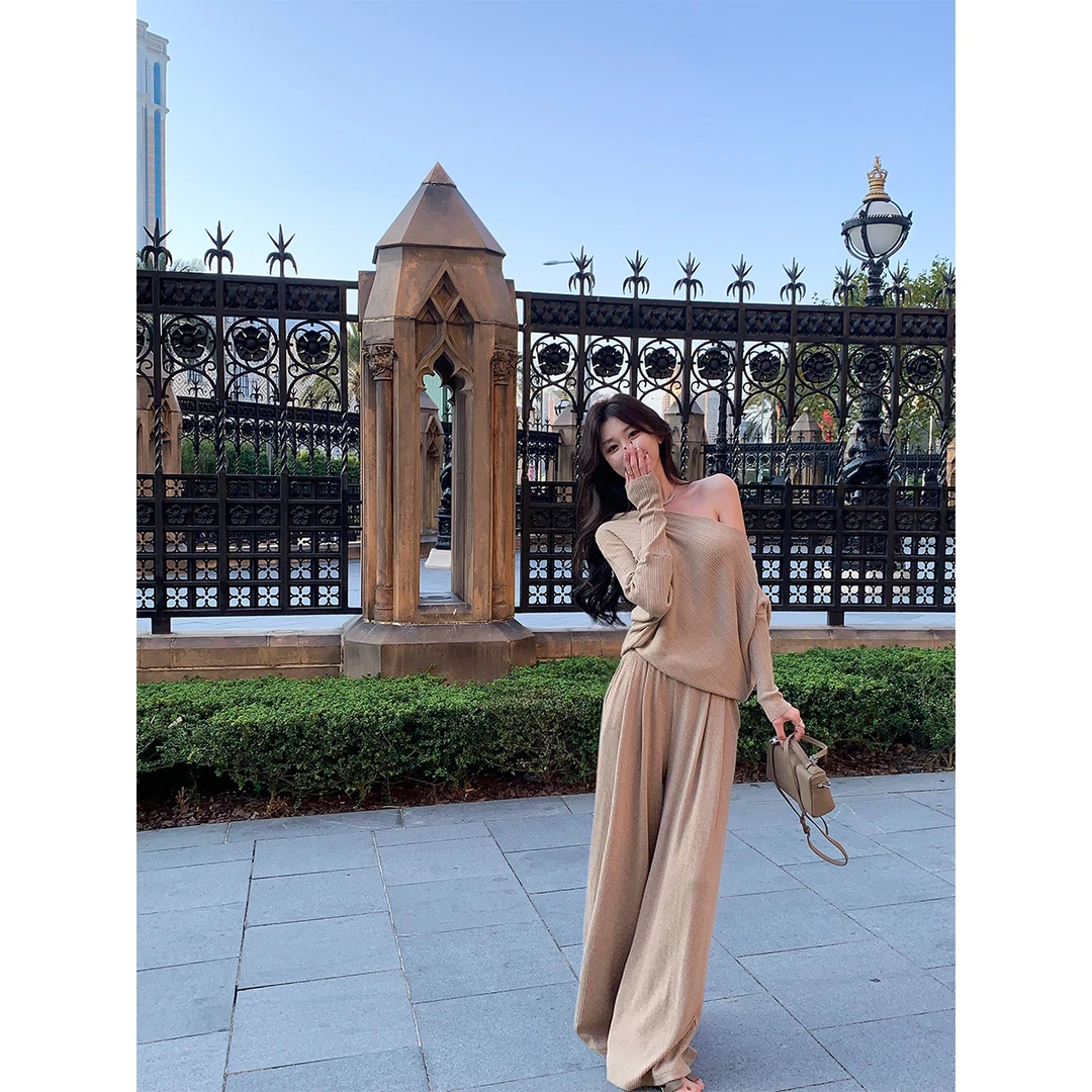 ACHI大也池◆极简自在~仿羊绒针织阔腿休闲裤