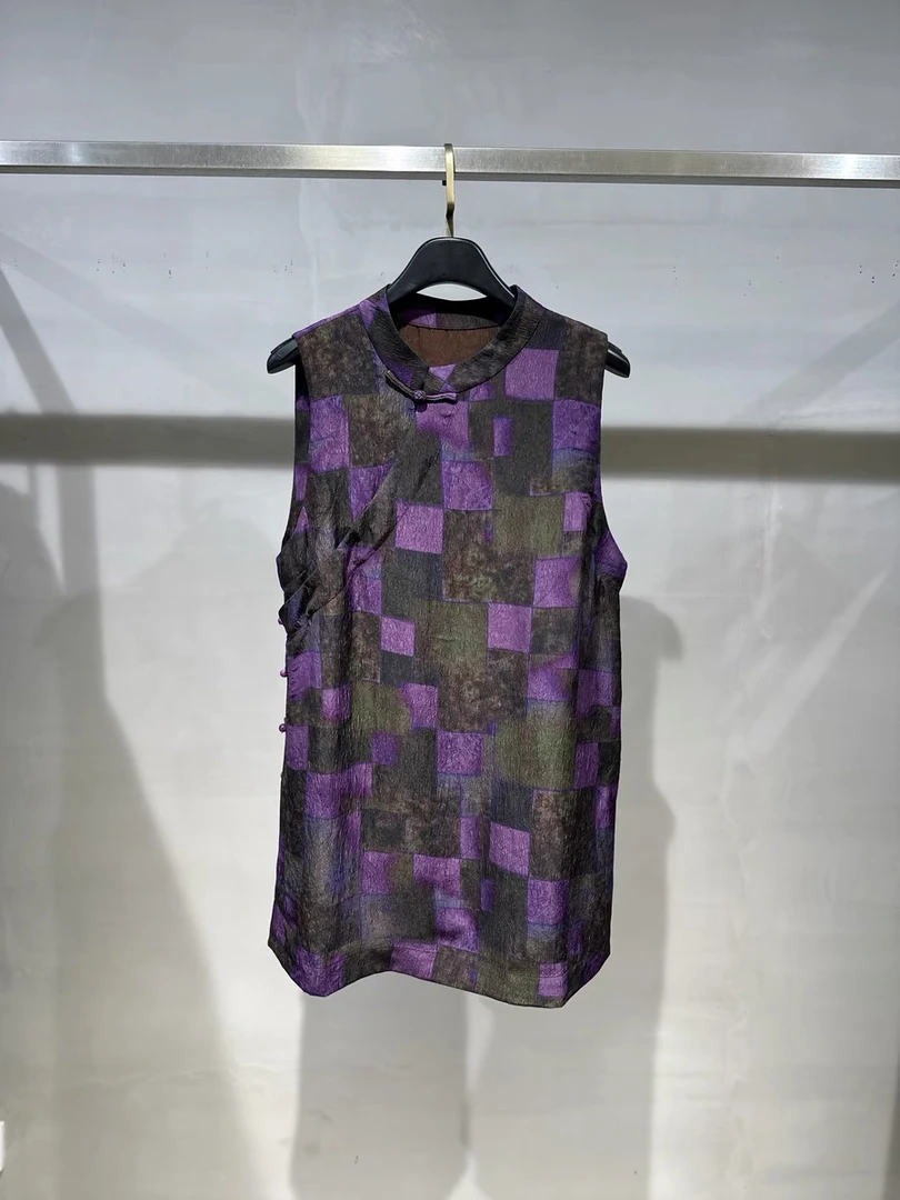 25056 薄款民族风传统中国风女立领马夹印花百搭休闲紫色时尚马甲