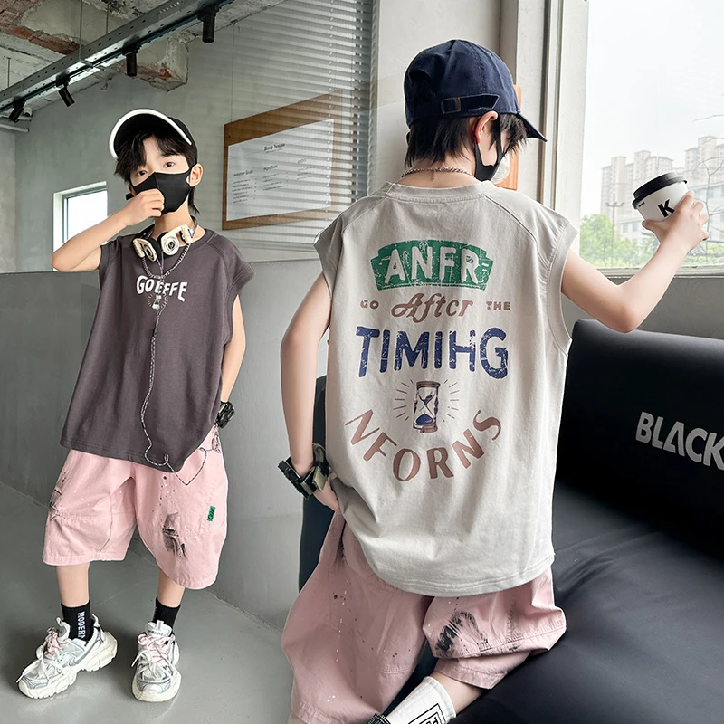 TEAEGG男童夏装套装薄款短袖背心无袖两件套儿男童牛仔套装三件套