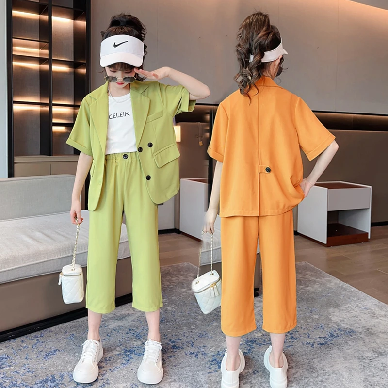 女童夏款西装套装2025新款中大童短袖短裤儿童背心洋气薄款三件套