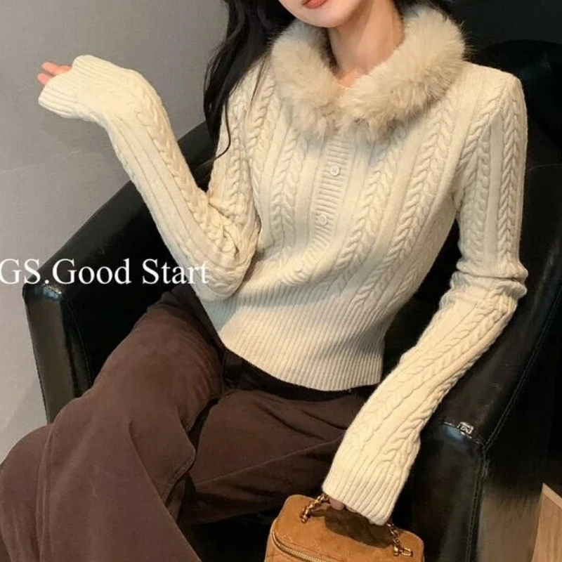 冬季新款时尚潮流气质温柔百搭毛领针织衫LK1230066