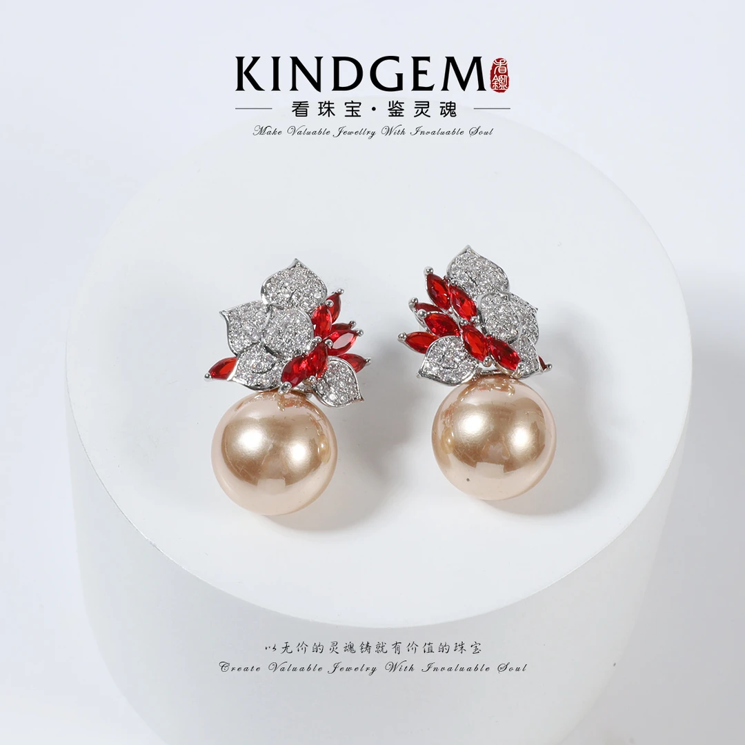 铜合金仿珍珠耳饰 KindGem 香槟色珠珠小香风耳环饰品 C-44225