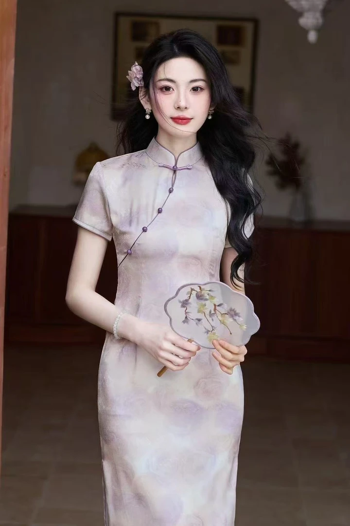 低开衩新中式民族风文艺日常旗袍时尚蕾丝珠片西域风