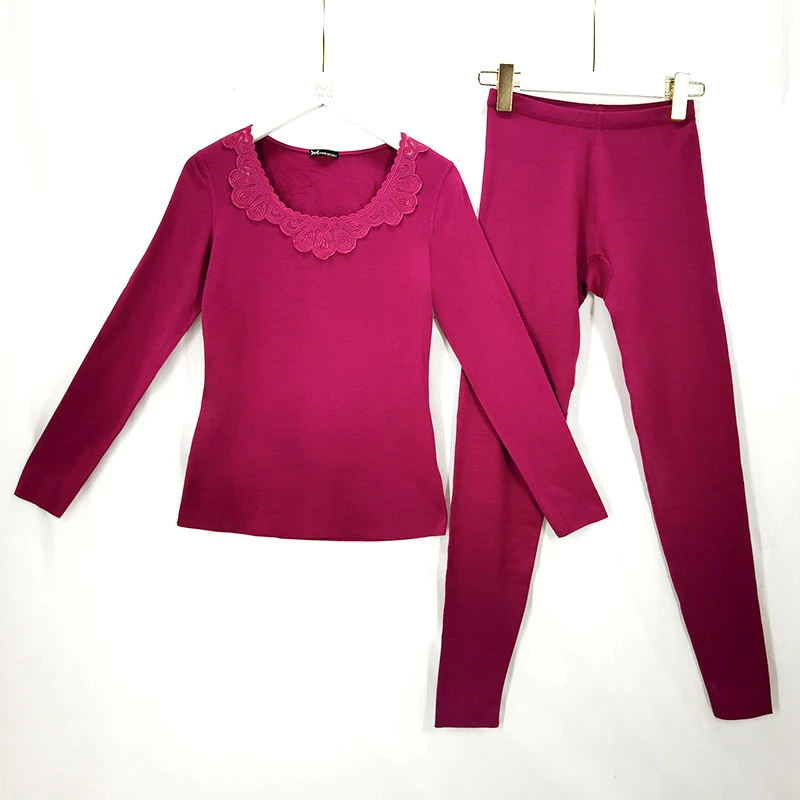 N123【工厂直销】女士发热保暖套装随心裁刺绣花边领秋冬女套