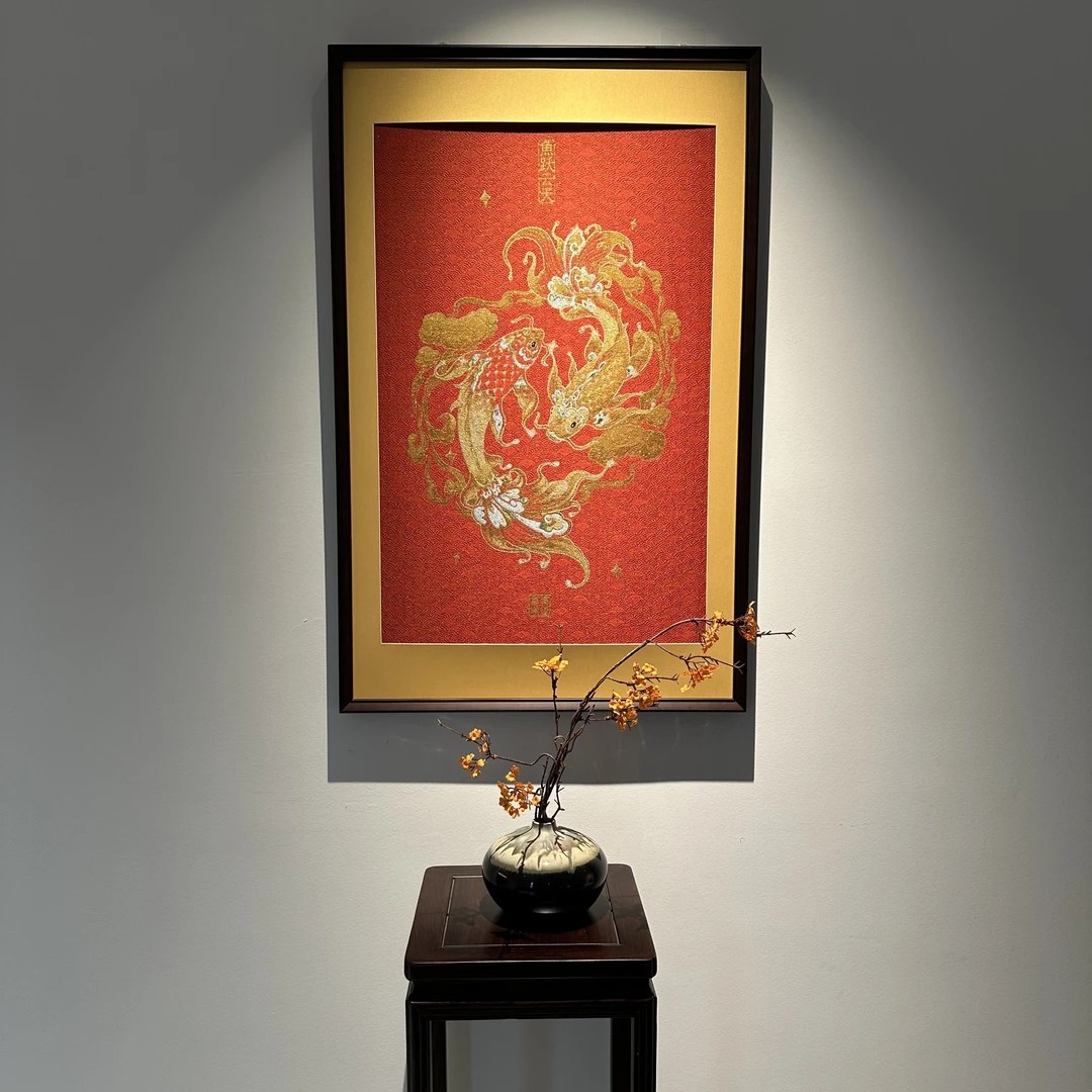 【玄一】-新中式刺绣画(鱼跃云天)玄关画装饰画茶室挂画