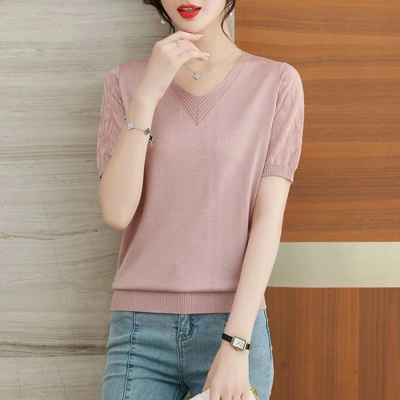 V领妈妈装时尚冰丝薄款针织衫