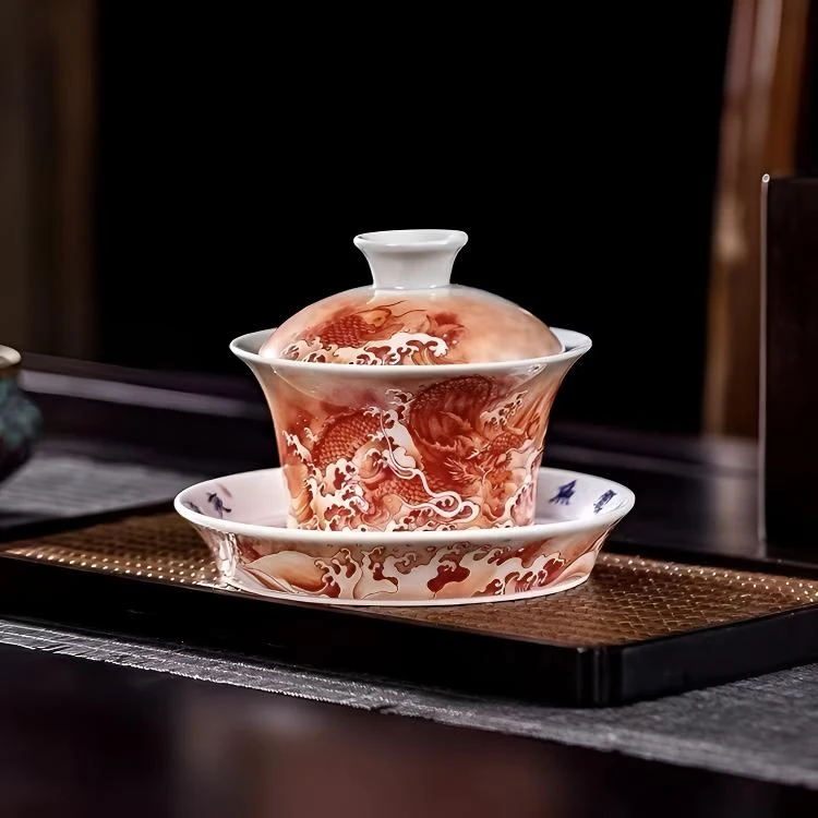 景德镇高温瓷釉下矾红鱼化龙三才盖碗家用陶瓷中式高档大号复古