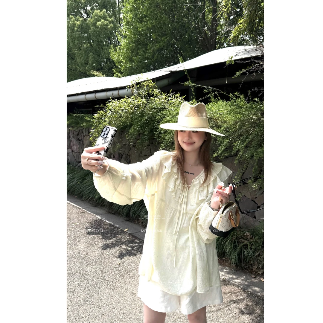 【阿乐家】大码微胖“自由随性”甜辣法式纯欲荷叶边系带长袖衬衫