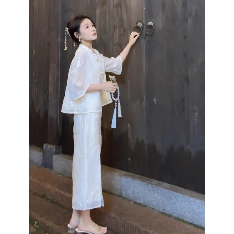 新中式清冷感禅意套装女夏季微胖穿搭一整套国风汉服连衣裙两件套