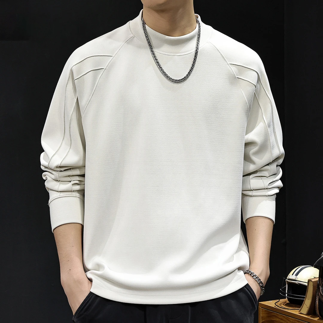 JJ美式重磅简约长袖t恤男士秋季新款宽松圆领打底外穿休闲卫衣