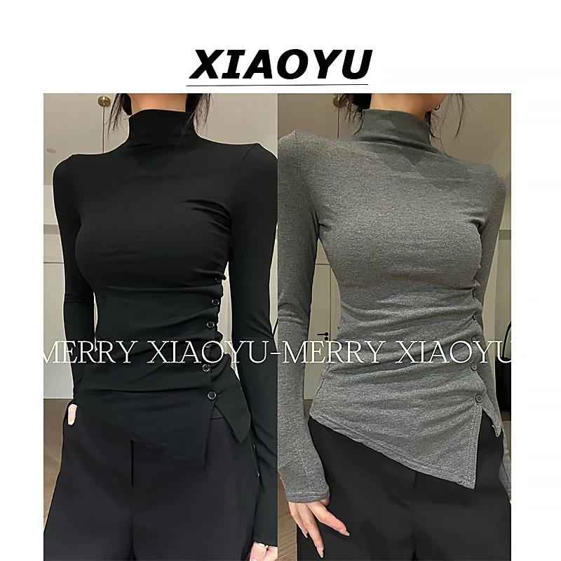 小鱼【纯色基础】辣妹小众设计感不规则半高领百搭秋冬长袖上衣