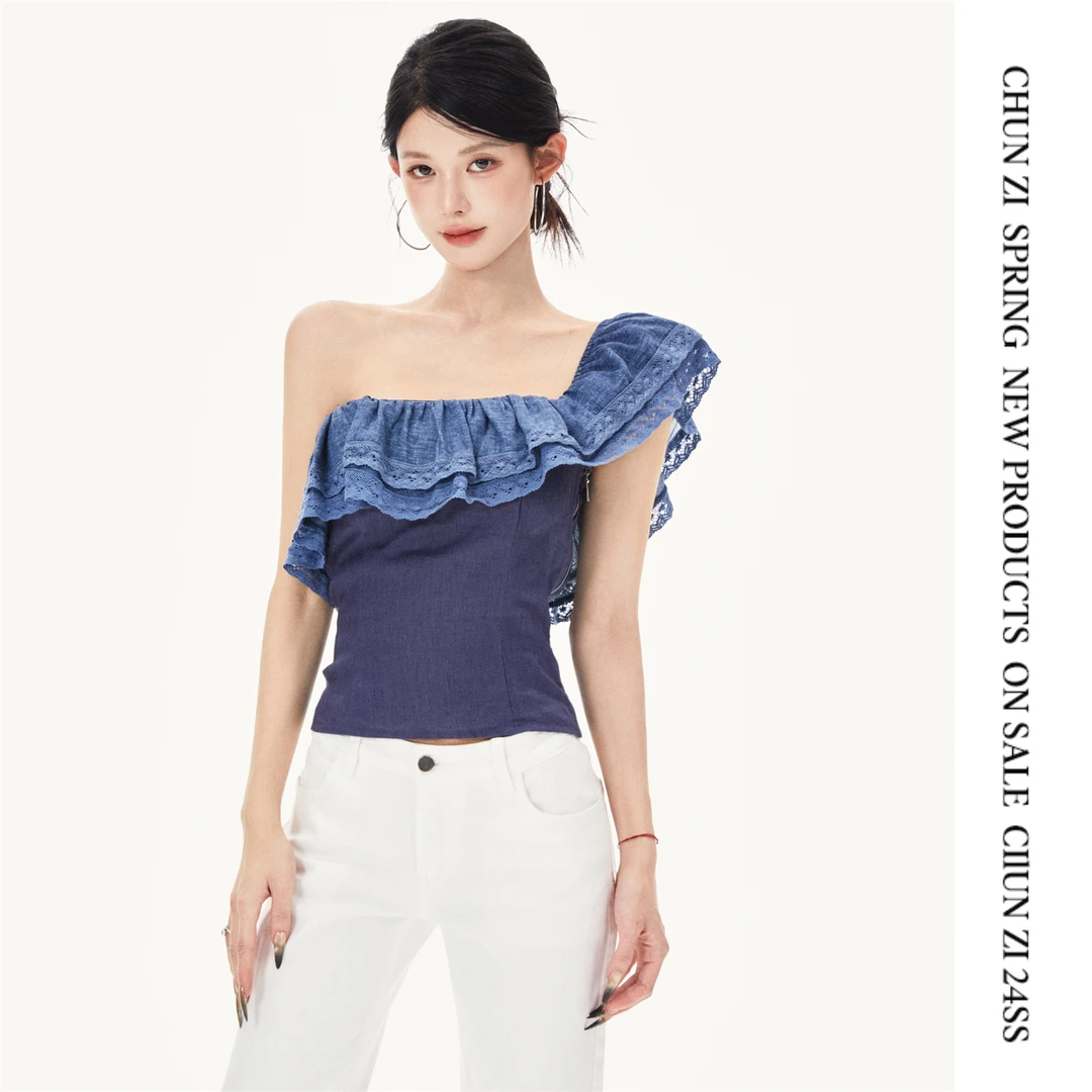 【CHUN ZI】25新款气质立体刺绣双层领百搭收腰修身显瘦斜肩上衣女