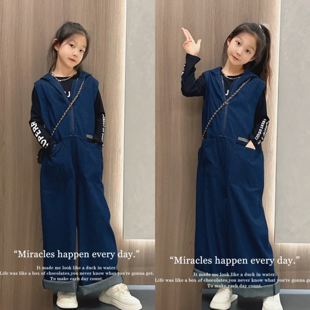 女童牛仔裤连体衣春季2025新款儿童连体裤时尚个性打底T恤