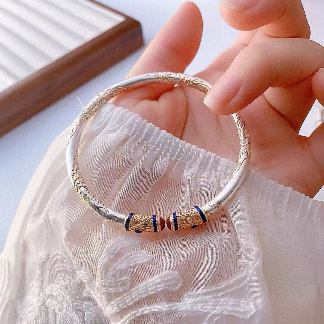 足银手镯 足银999古法描金纯银卷草纹手镯女唐草纹实心国风送妈妈