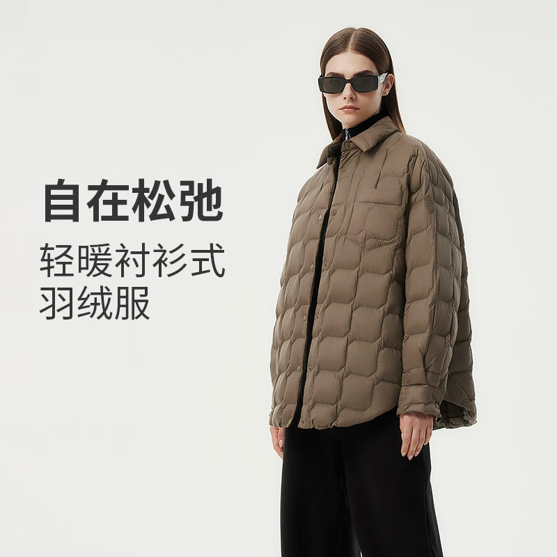 坦博尔2024新款翻领衬衫轻薄羽绒服女小个子感阔型外套TBF330270Z