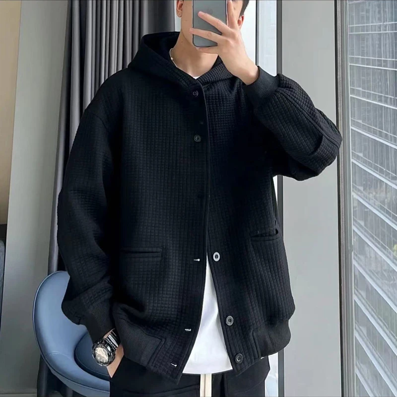 夹克潮牌男宽松日系春秋纯色卫衣华夫格情侣开衫外套新款重磅连帽