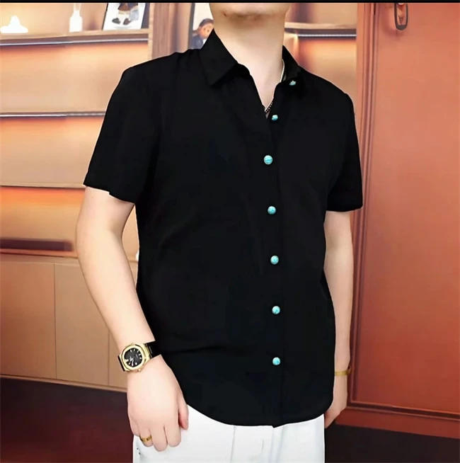 《幽黑蓝扣》2025夏男士衬衫百搭翻领休闲潮流修身帅气商务短袖t恤