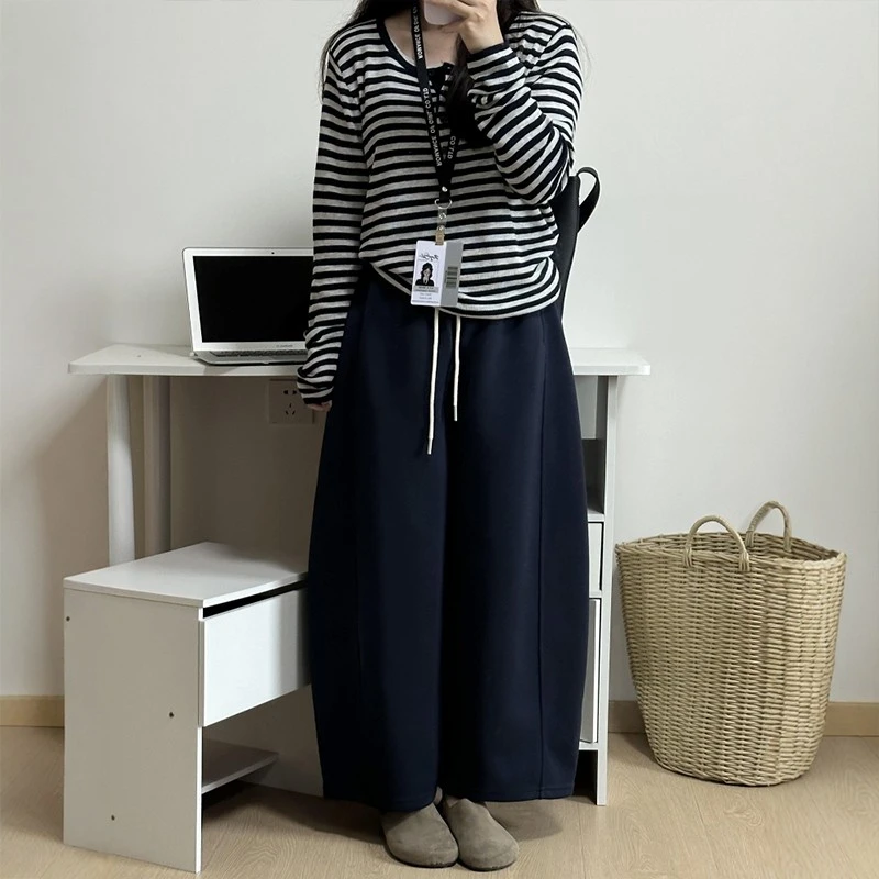 藏青色运动卫裤女秋季新款大码胖mm小个子大码休闲阔腿裤纯色高腰