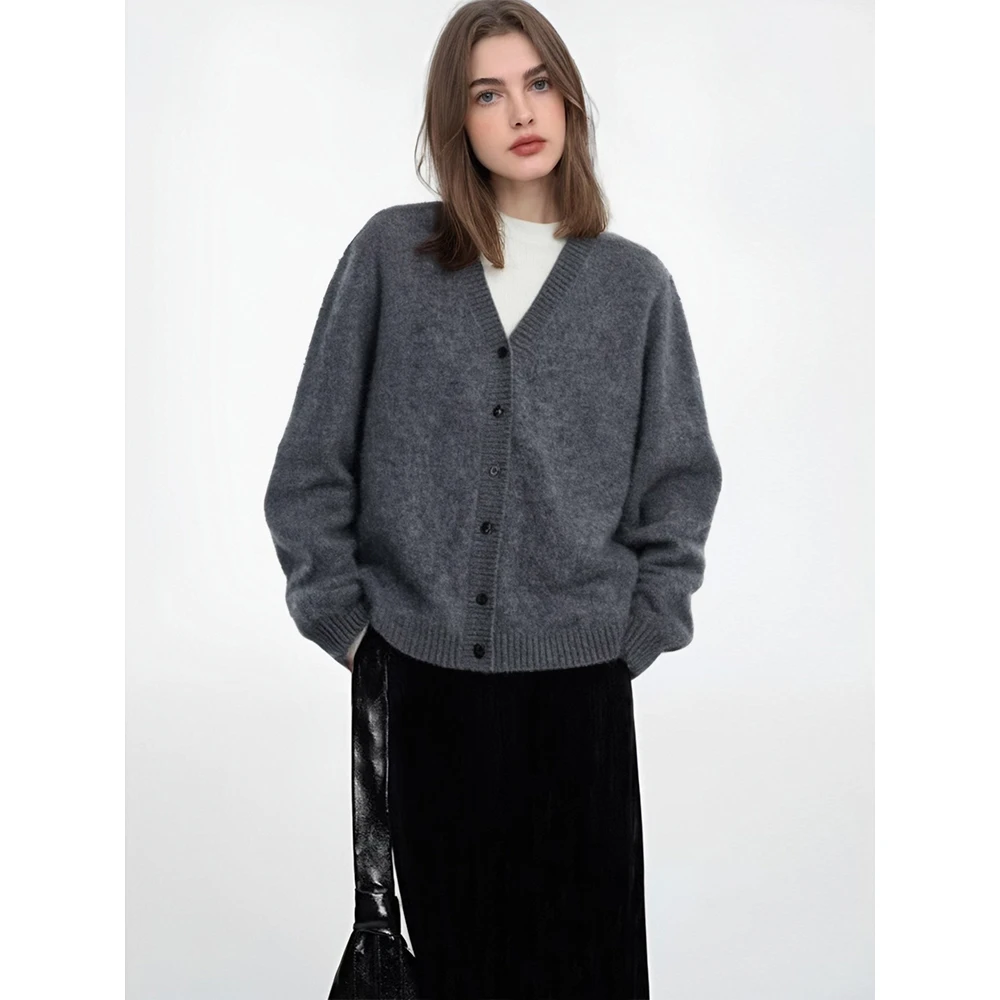 法式复古百搭灰色V领针织开衫外套女秋冬单排扣气质外穿毛衣上衣