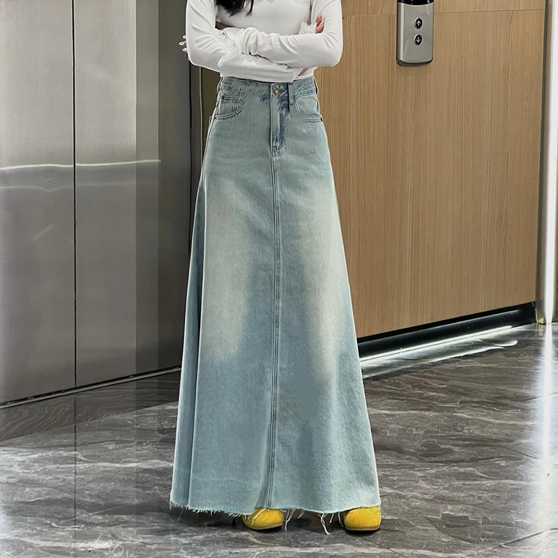 2025春季新款韩系百搭高腰水洗牛仔裙复古显瘦大摆高级半身裙女