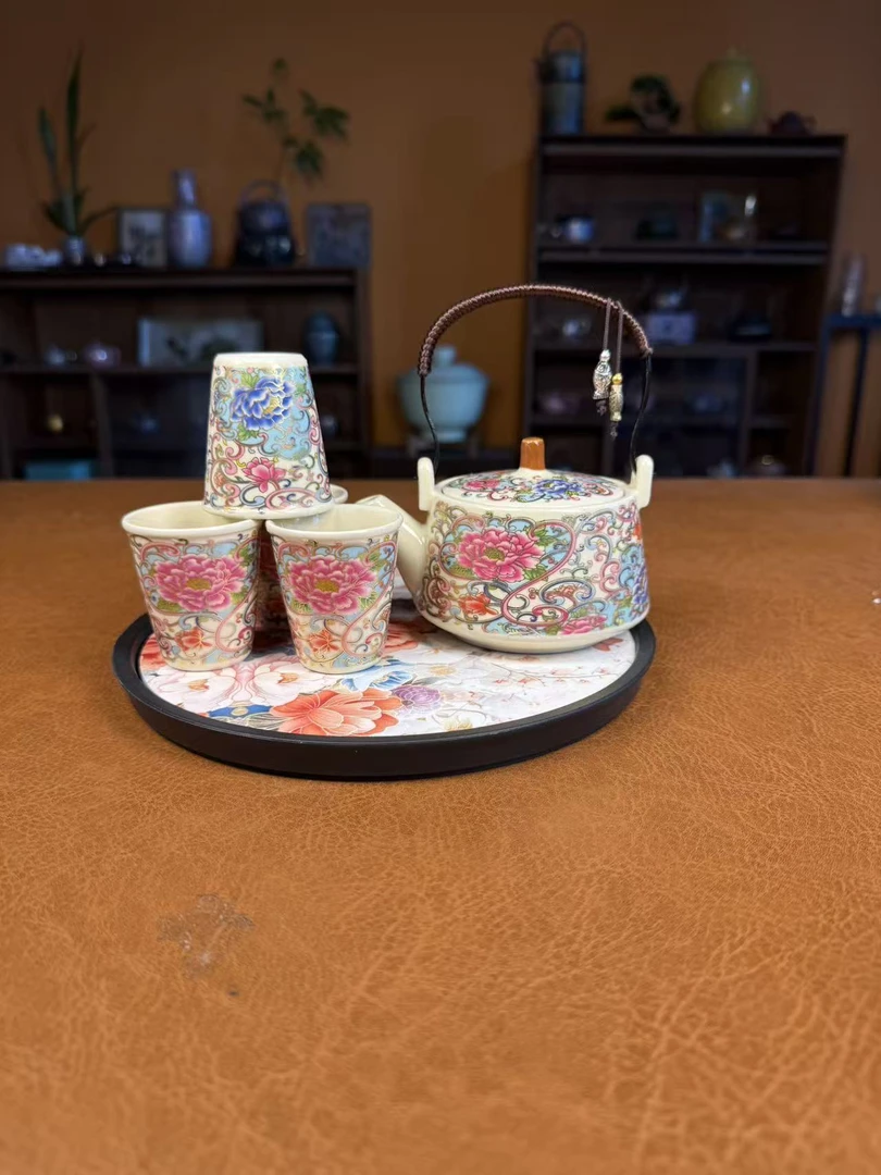 沐雨茶具亮光黄金丝牡丹(提梁壶-繁花似锦图)+4杯+盘3138