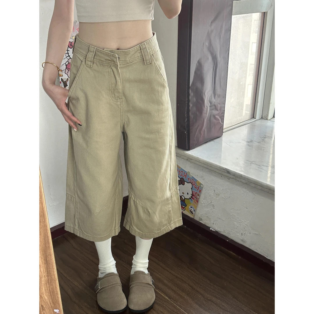 卡其色高腰七分牛仔中裤女2025夏季新款宽松直筒显瘦百搭休闲中裤