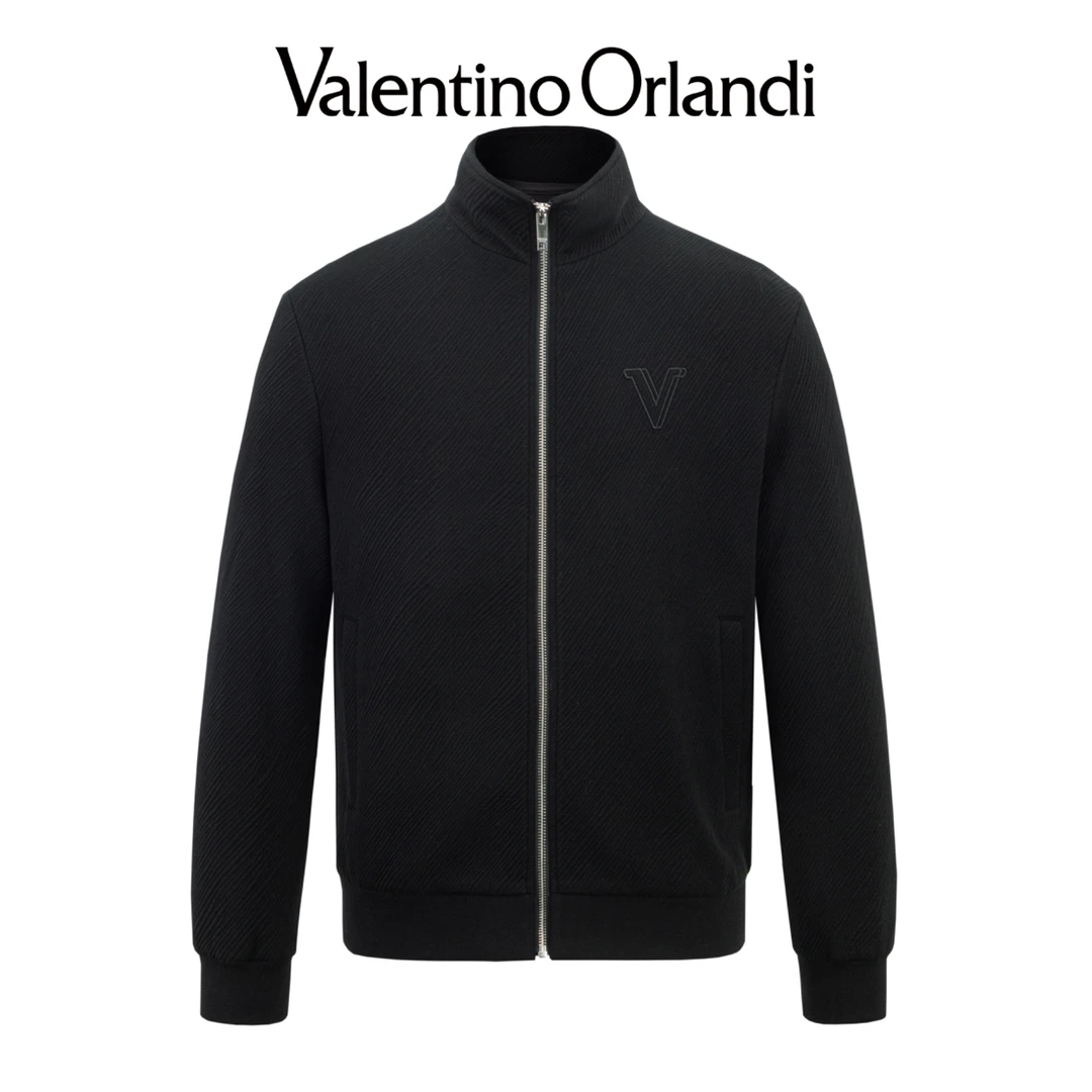 Valentino orlandi男士春秋B版时尚百搭简约刺绣V标立领针织外套