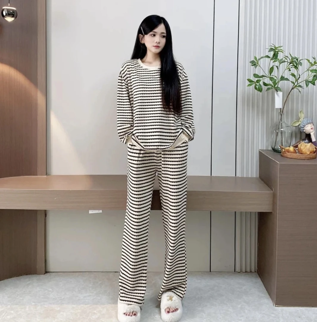 秋冬女士条纹长袖长裤睡衣可外穿女款显瘦家居服