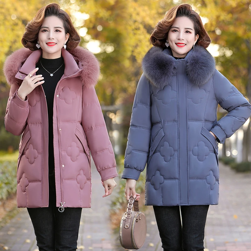 中老年妈妈棉袄加绒加厚中长款棉衣女装40到50岁外套洋气羽绒棉服
