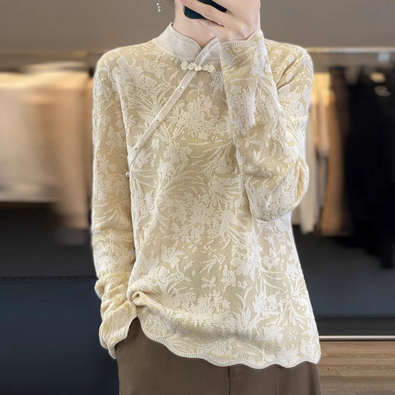 羊毛衫女秋冬针织薄款旗袍领修身显瘦百搭打底衫针织羊绒时尚毛衣