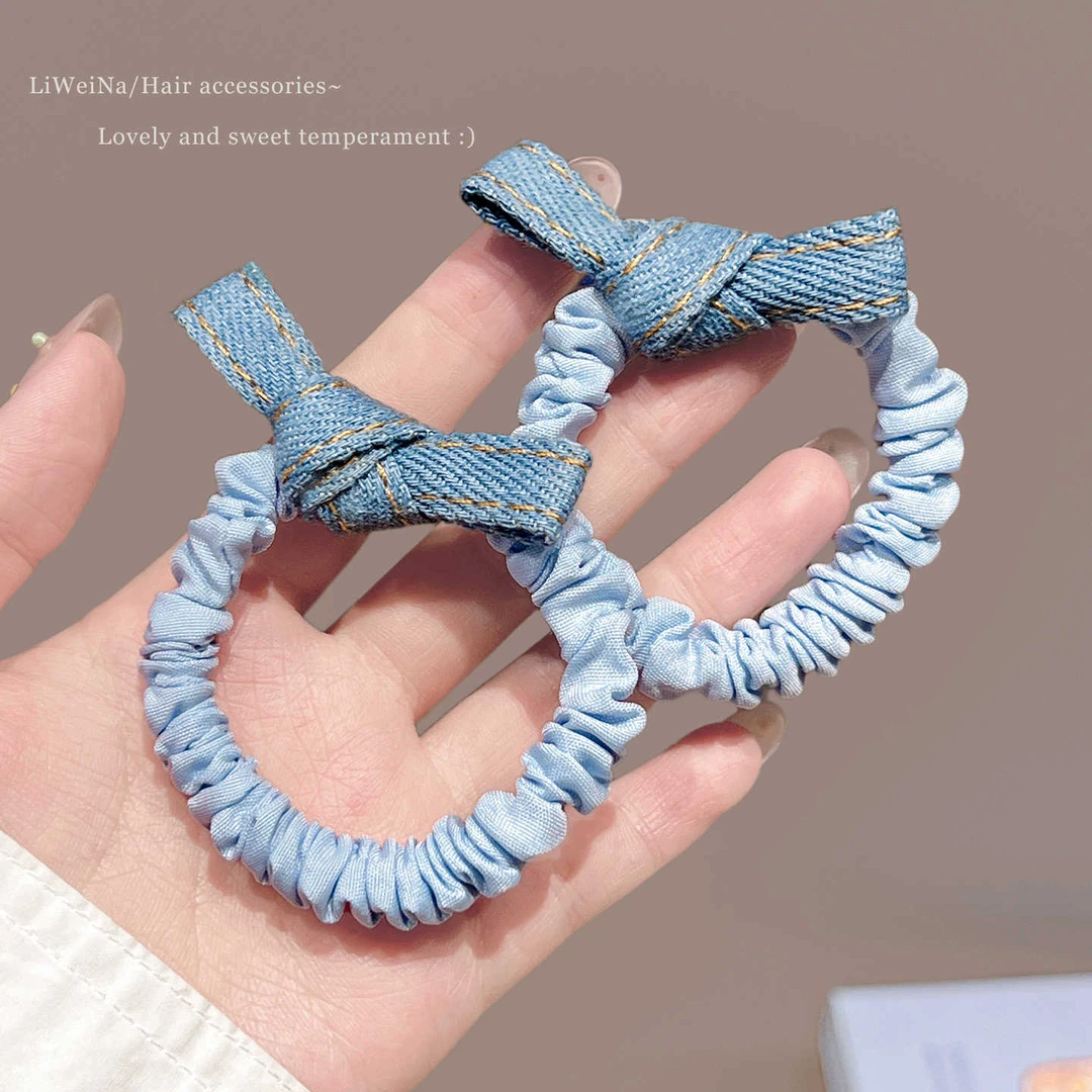 气质牛仔蝴蝶结蓝色小肠发圈女高弹力低马尾扎头发绳橡皮筋头饰夏