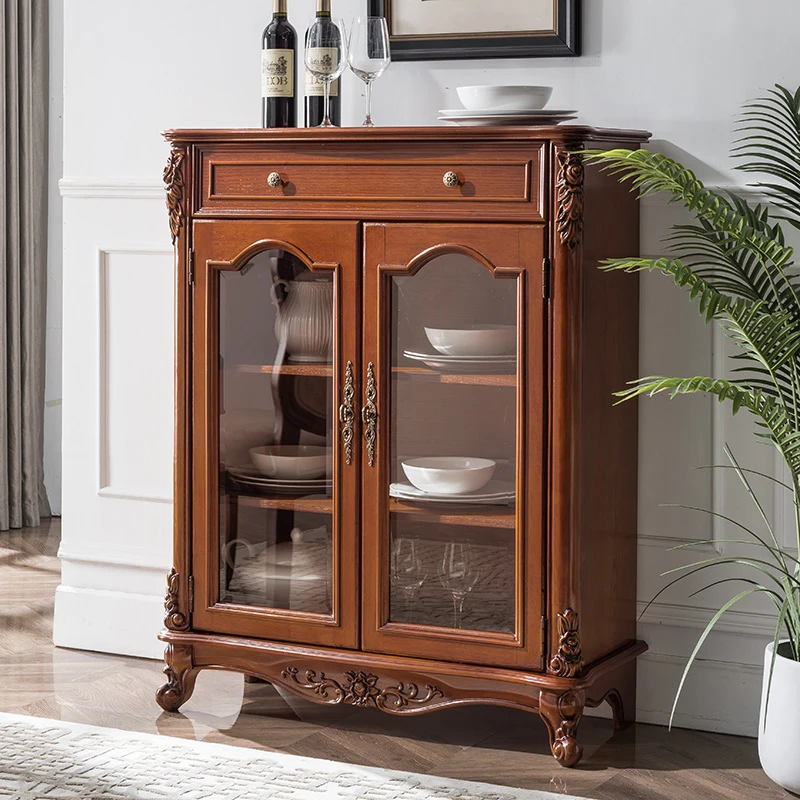 美式实木酒柜餐边柜餐厅玻璃装饰柜客厅储物展示柜复古家用玻璃门