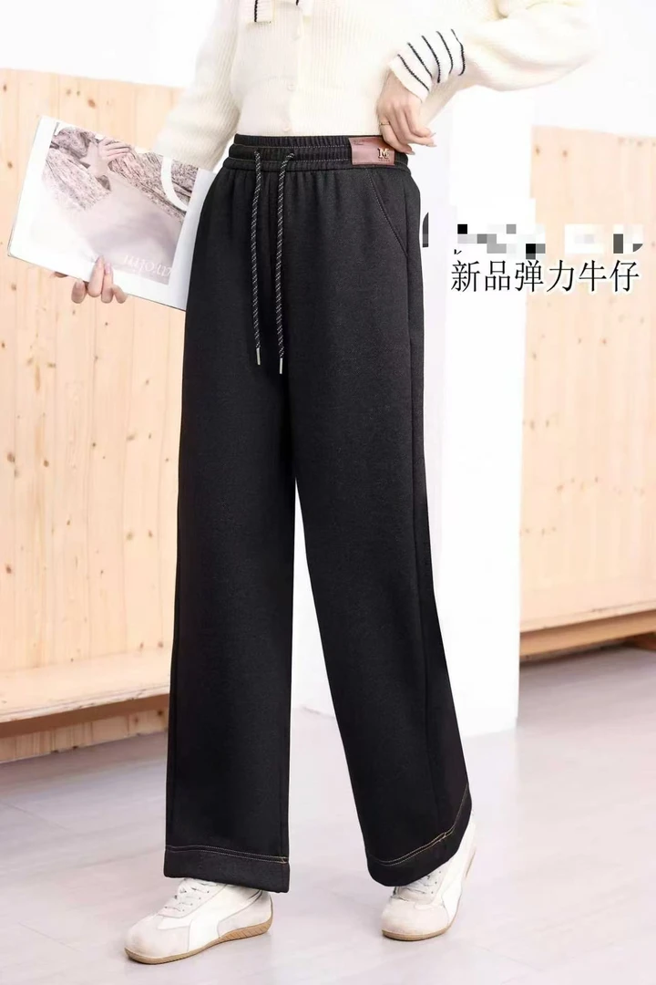 微弹直筒裤针织休闲休闲裤百搭阔腿裤紧腰冬季格子