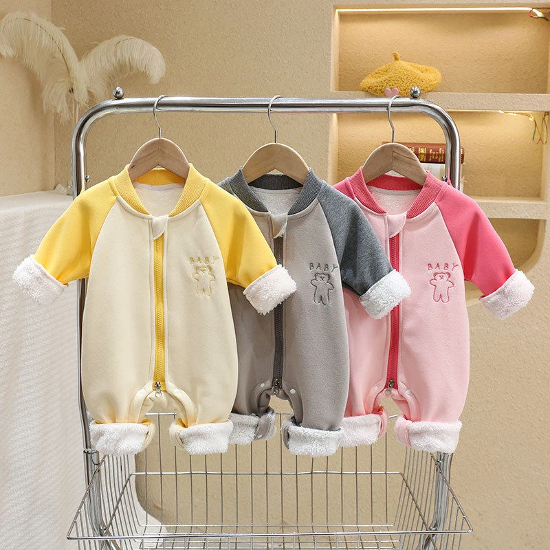 BABY小熊拉链款加绒加厚A类拼接袖A类四季婴儿长袖保暖闭裆连体衣