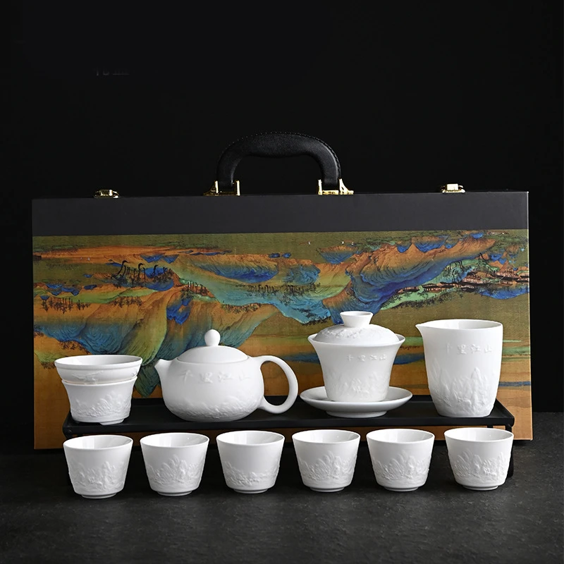 A55 德化功夫茶具素烧羊脂玉茶具套装全套盖碗千里江山茶具主人杯